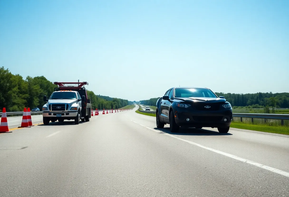 Tow truck on Michigan road removing an unsafe vehicle for road safety.