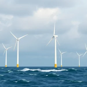 Offshore wind turbines generating renewable energy in the ocean