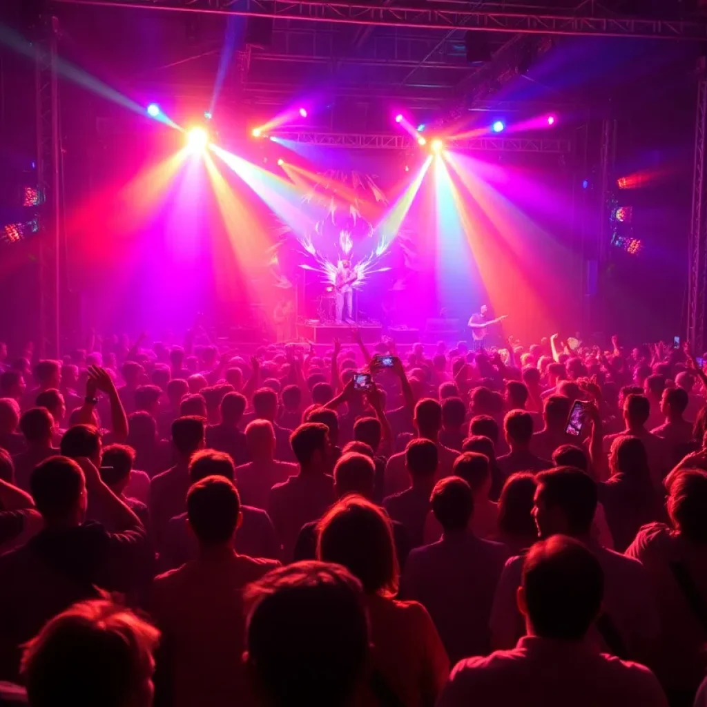 Crowd enjoying a concert with colorful lights and stage setup