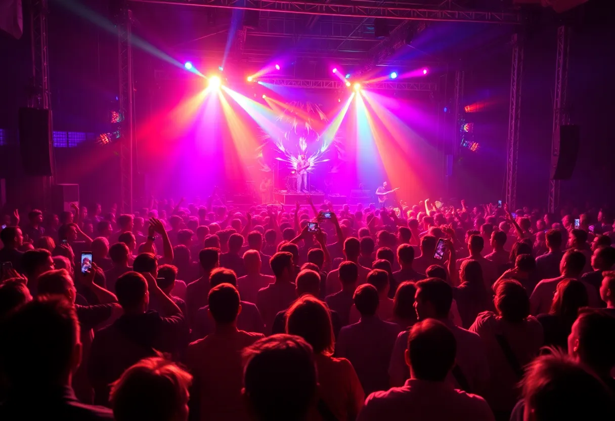 Crowd enjoying a concert with colorful lights and stage setup