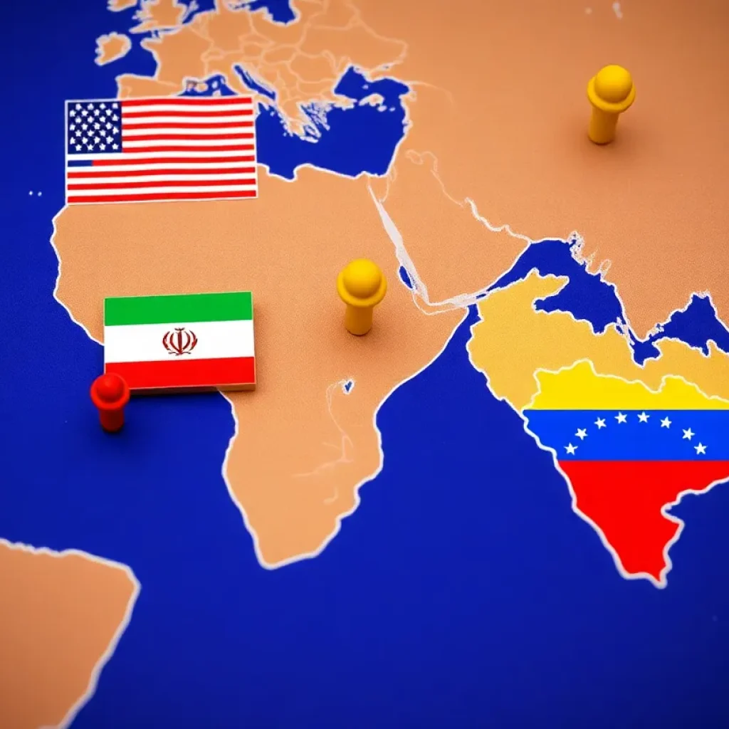 Map highlighting U.S., Iran, and Venezuela in the context of international sanctions and drone trade.