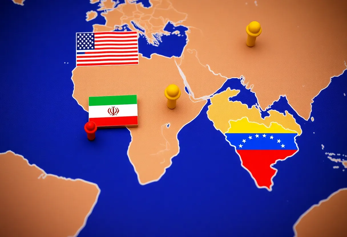 Map highlighting U.S., Iran, and Venezuela in the context of international sanctions and drone trade.