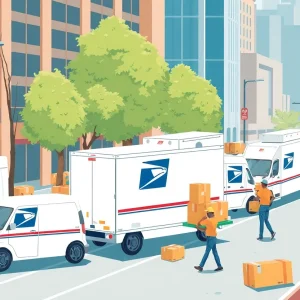 Illustration of USPS last-mile delivery network with trucks and packages.