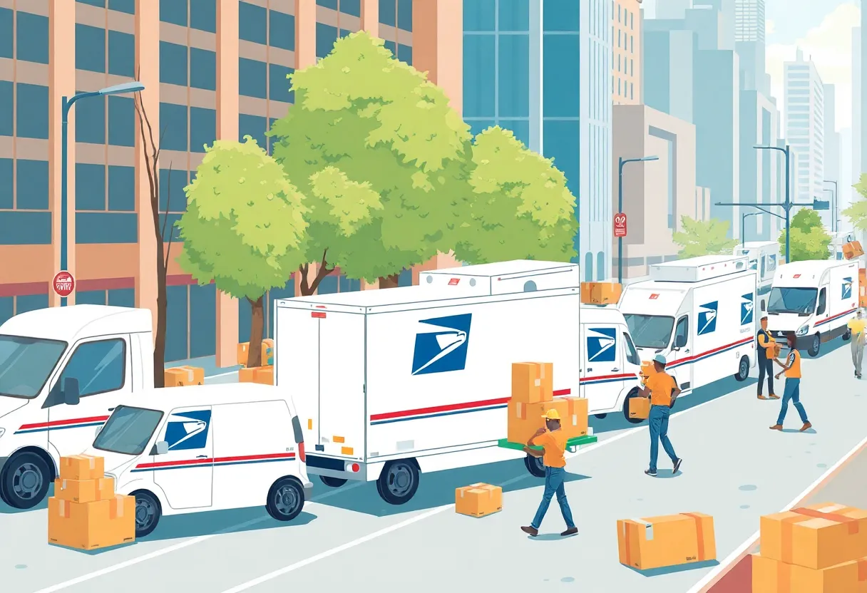 Illustration of USPS last-mile delivery network with trucks and packages.