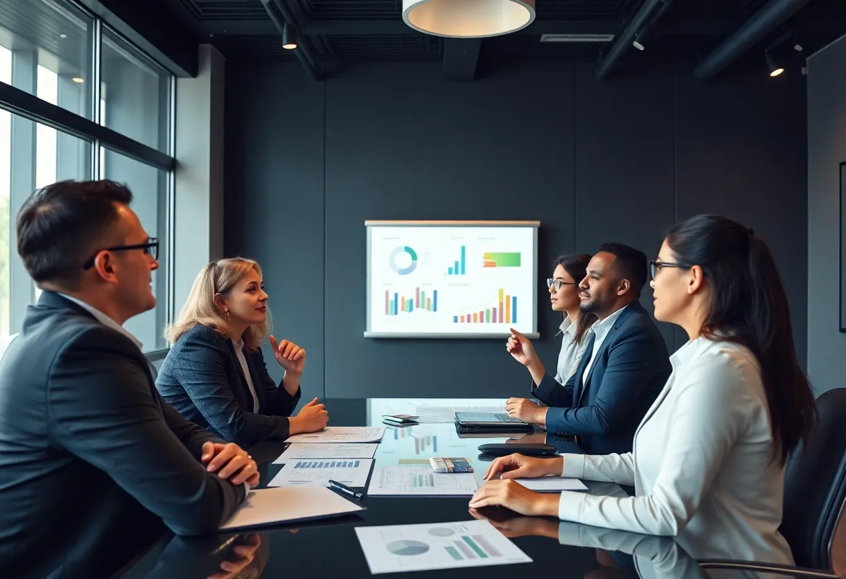 Professionals in a board meeting discussing strategies at Walsh College