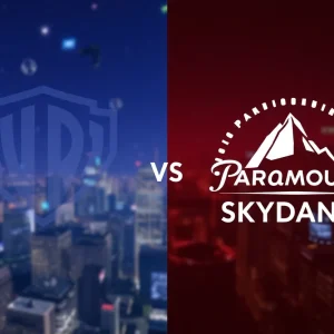 Abstract representation of corporate negotiation between Warner Bros. Discovery and Paramount