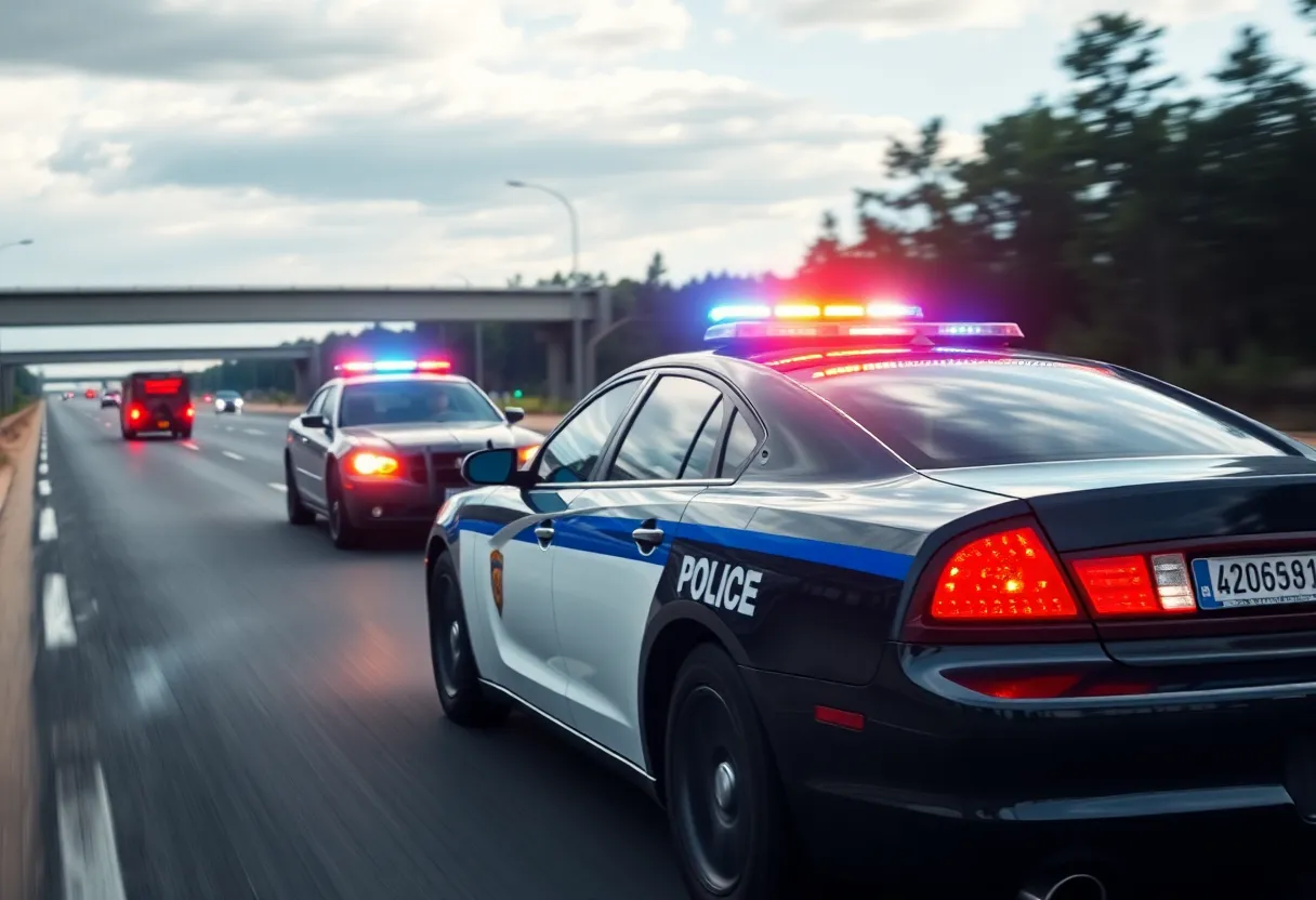 Police vehicle in pursuit during a high-speed chase in Warren