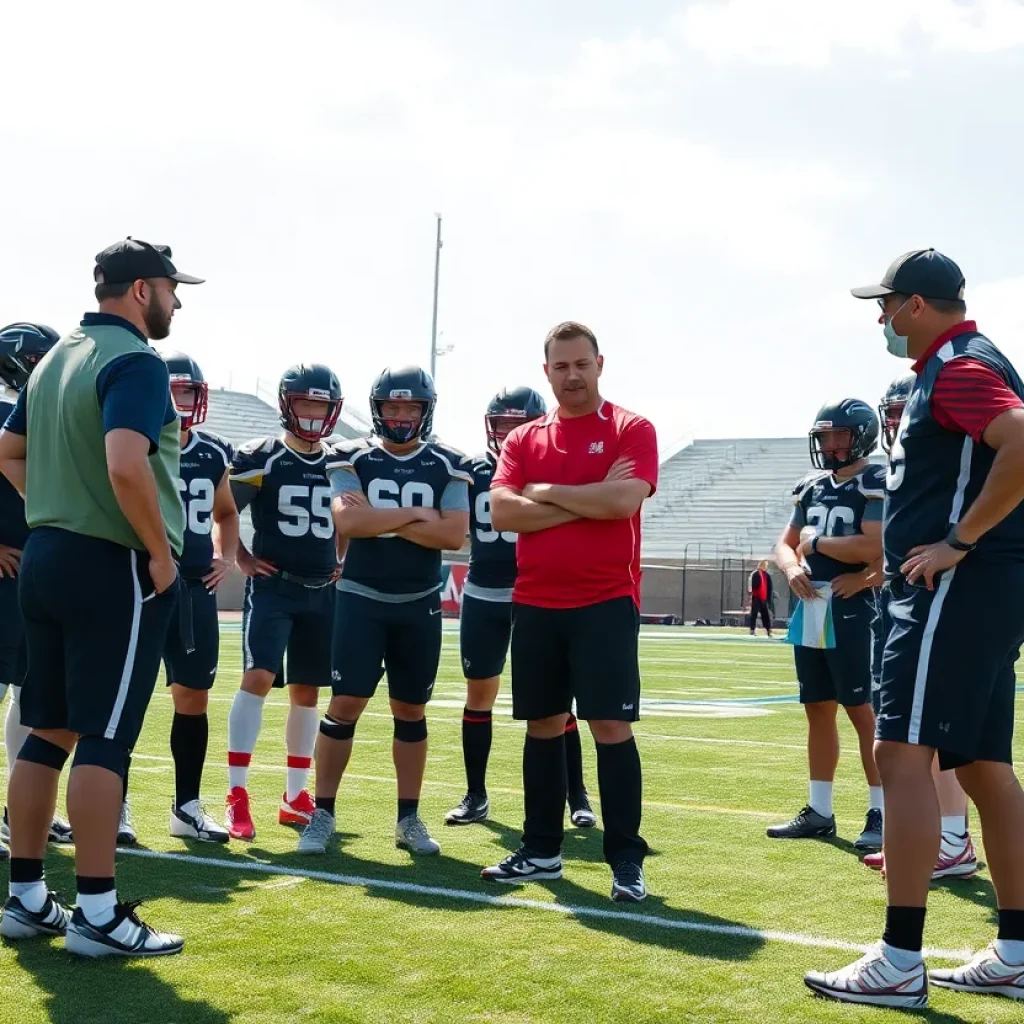 New head coach Kyle Whittingham strategizing with the Michigan football team.