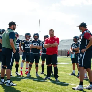 New head coach Kyle Whittingham strategizing with the Michigan football team.
