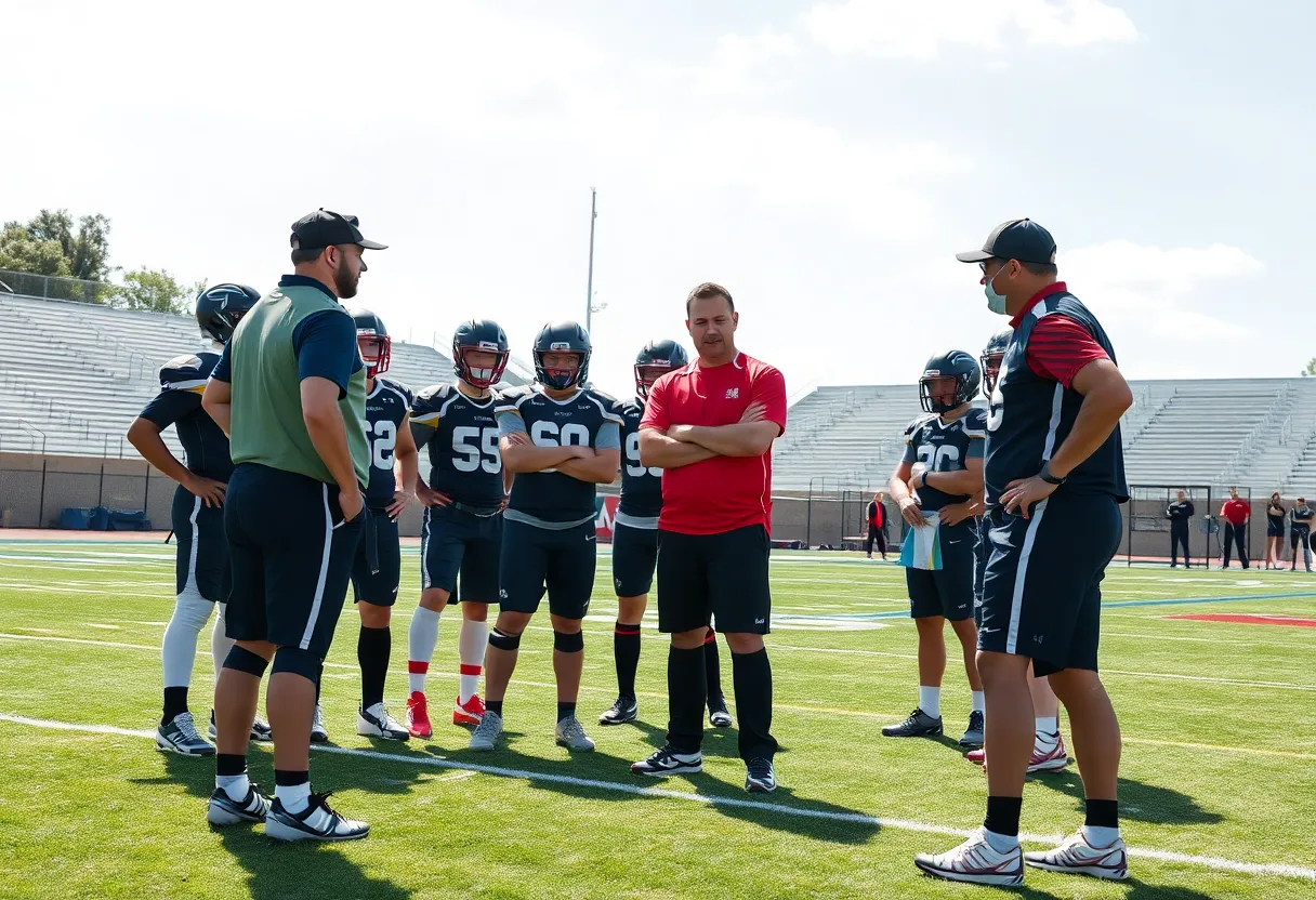 New head coach Kyle Whittingham strategizing with the Michigan football team.