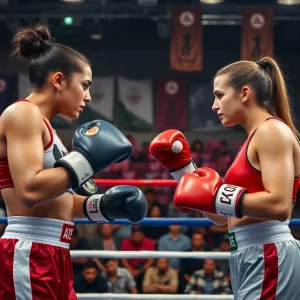 Two female boxers in a boxing ring with an excited audience