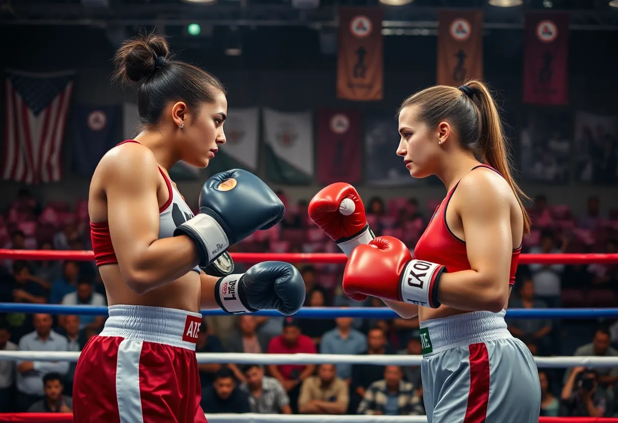 Two female boxers in a boxing ring with an excited audience