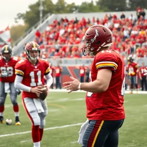 Job Dashboard Quarterback strategizing with teammates on the football field