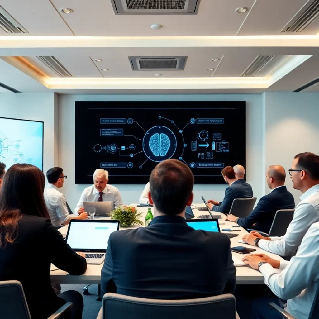 Professionals participating in a webinar discussing AI and business innovation.