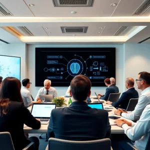 Professionals participating in a webinar discussing AI and business innovation.