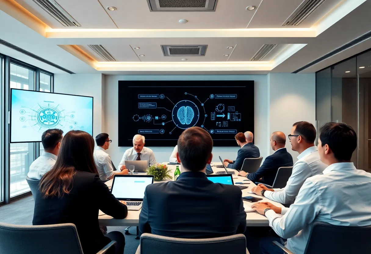 Professionals participating in a webinar discussing AI and business innovation.