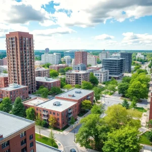 Cityscape of Ann Arbor with new housing developments and greenery.