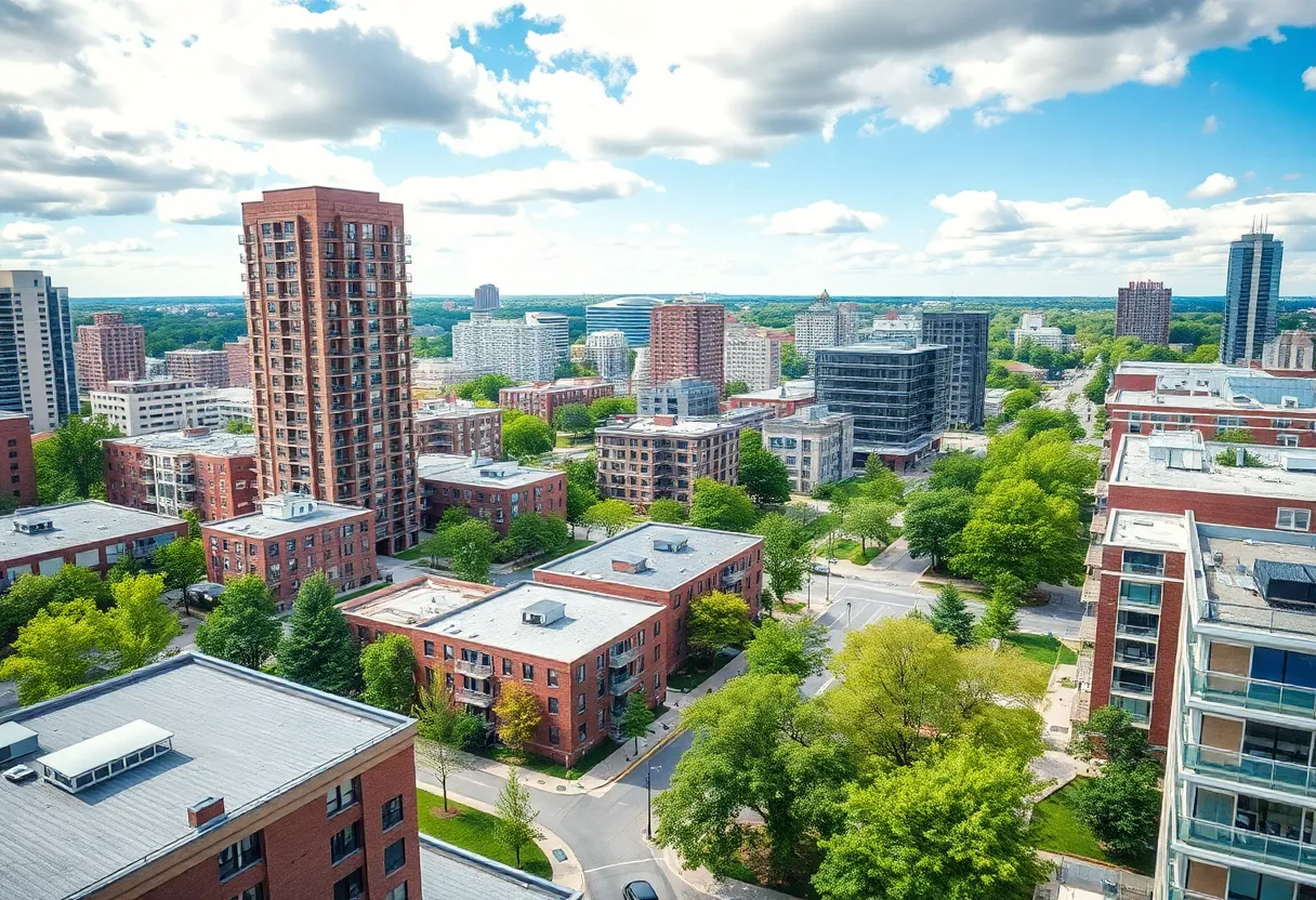 Cityscape of Ann Arbor with new housing developments and greenery.