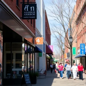 Street scene in Ann Arbor featuring new businesses.