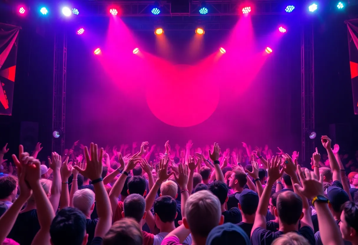 Excited crowd at a concert with colorful lighting