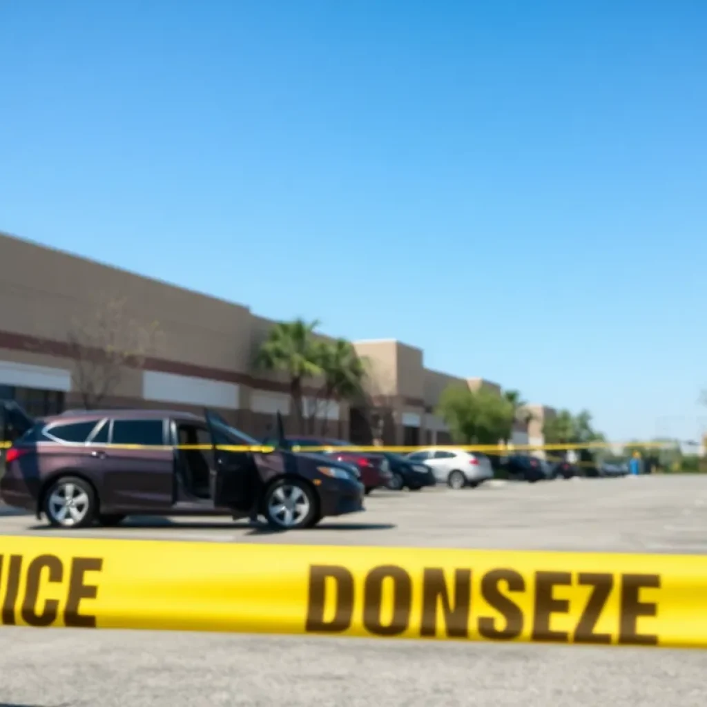 Parking lot with police tape indicating a crime scene.