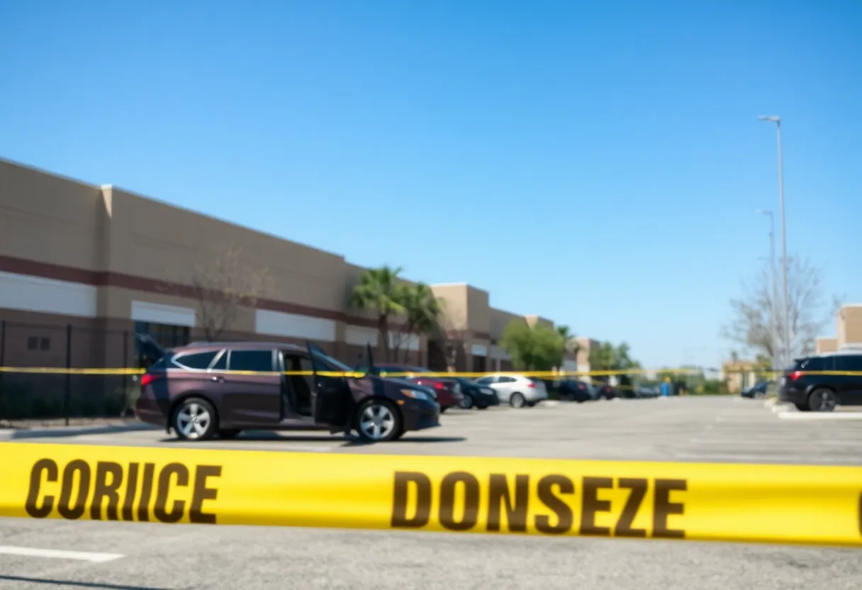 Parking lot with police tape indicating a crime scene.
