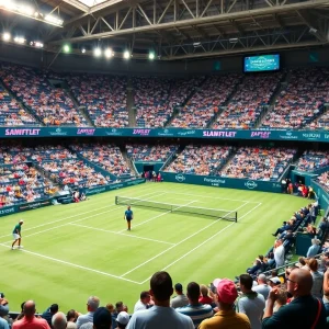 Crowd at the Australian Open cheering for players on the court.