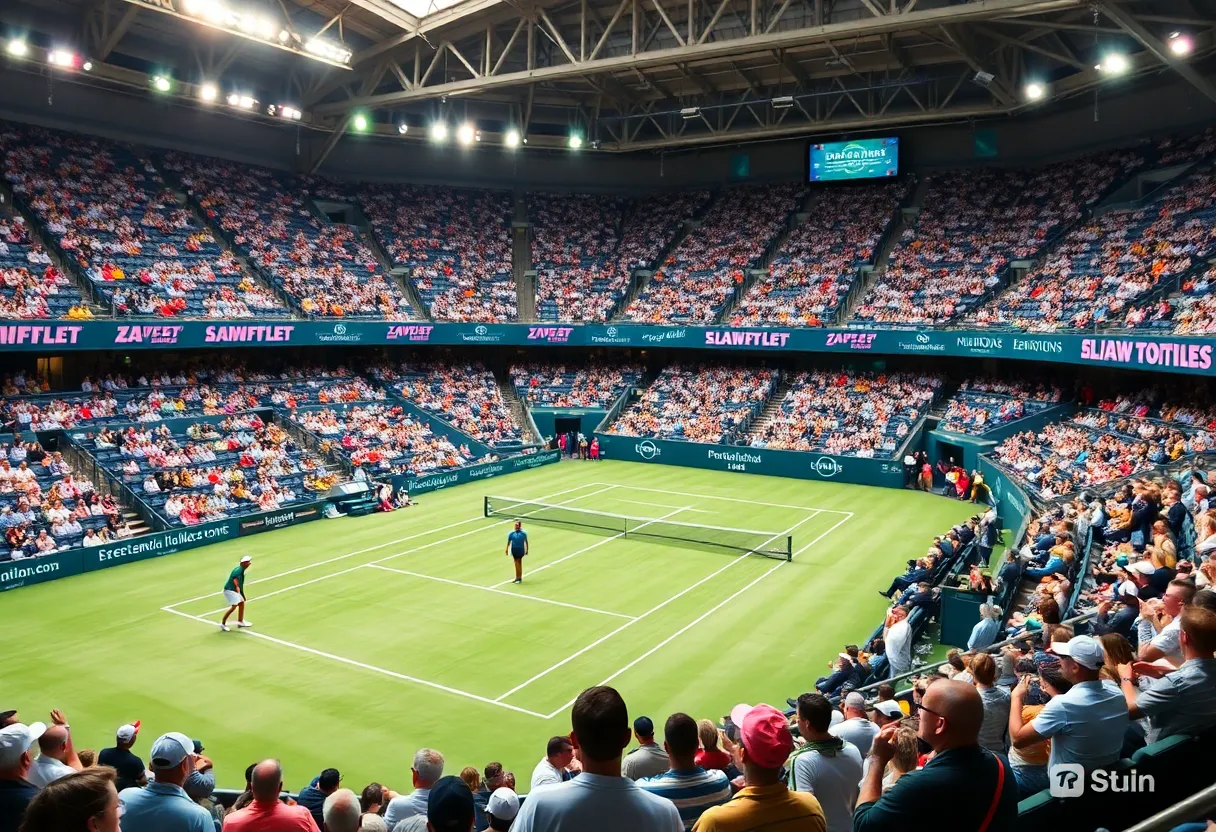 Crowd at the Australian Open cheering for players on the court.