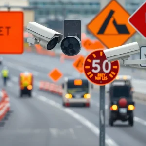 Automated speed cameras monitoring traffic in a construction zone