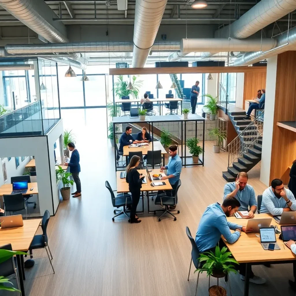 A collaborative work environment in Bamboo co-working space in Midtown Detroit.