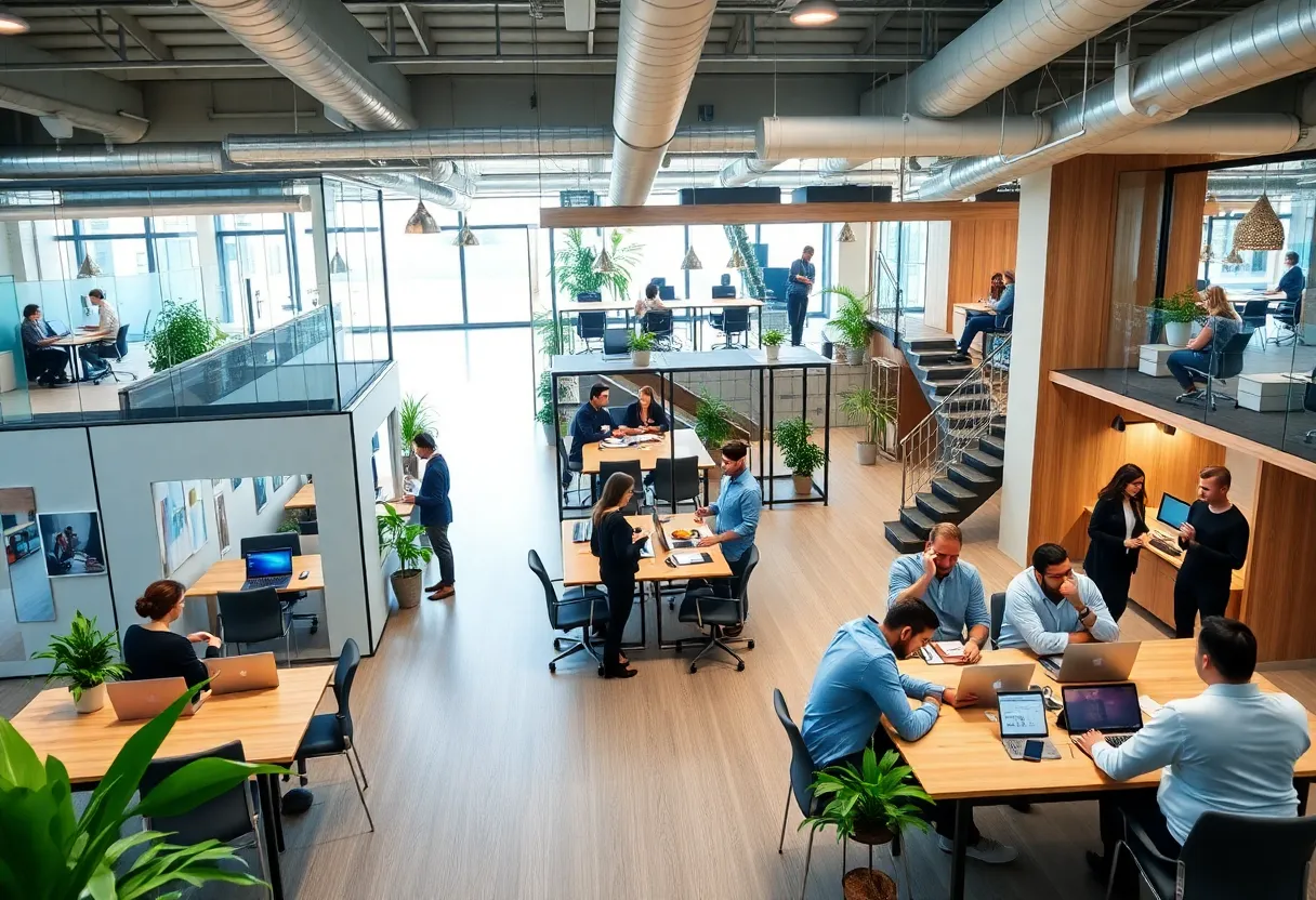 A collaborative work environment in Bamboo co-working space in Midtown Detroit.