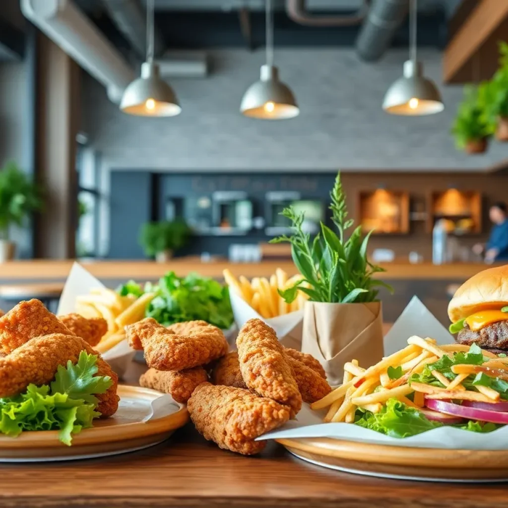 Diverse dishes served at Brome Modern Eatery including chicken and burgers amidst a modern restaurant ambiance.