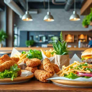 Diverse dishes served at Brome Modern Eatery including chicken and burgers amidst a modern restaurant ambiance.