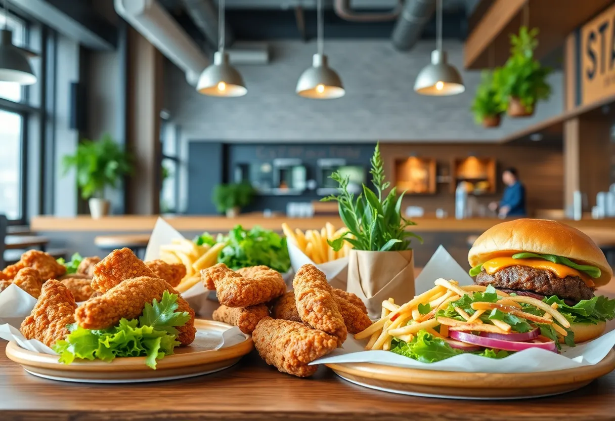 Diverse dishes served at Brome Modern Eatery including chicken and burgers amidst a modern restaurant ambiance.