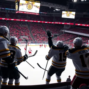 Boston Bruins players celebrating after scoring against the Detroit Red Wings during an NHL game.