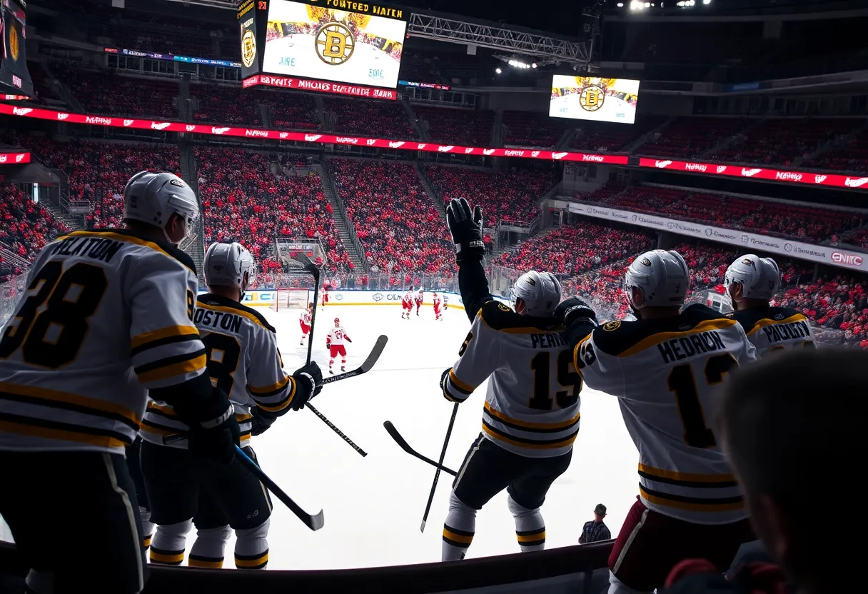 Boston Bruins players celebrating after scoring against the Detroit Red Wings during an NHL game.