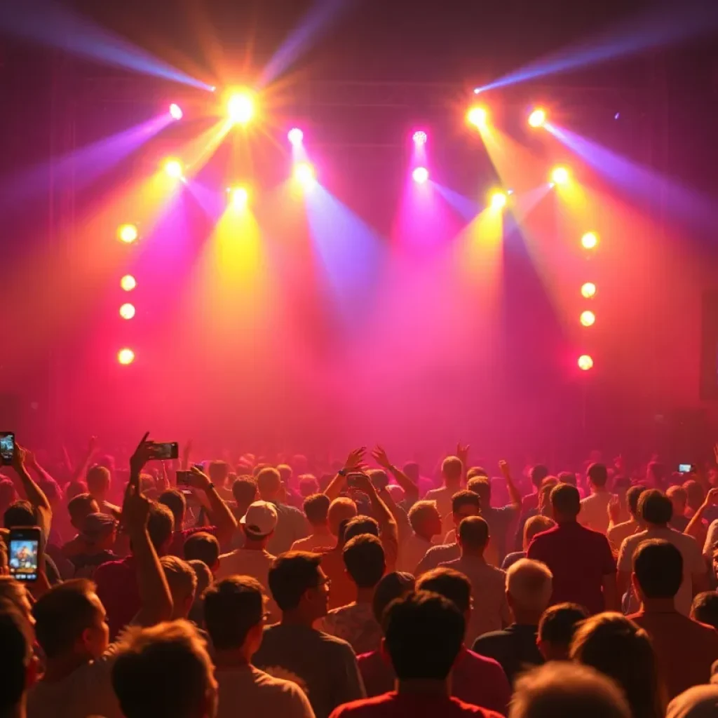 Crowd enjoying a Bruno Mars concert with colorful stage lights