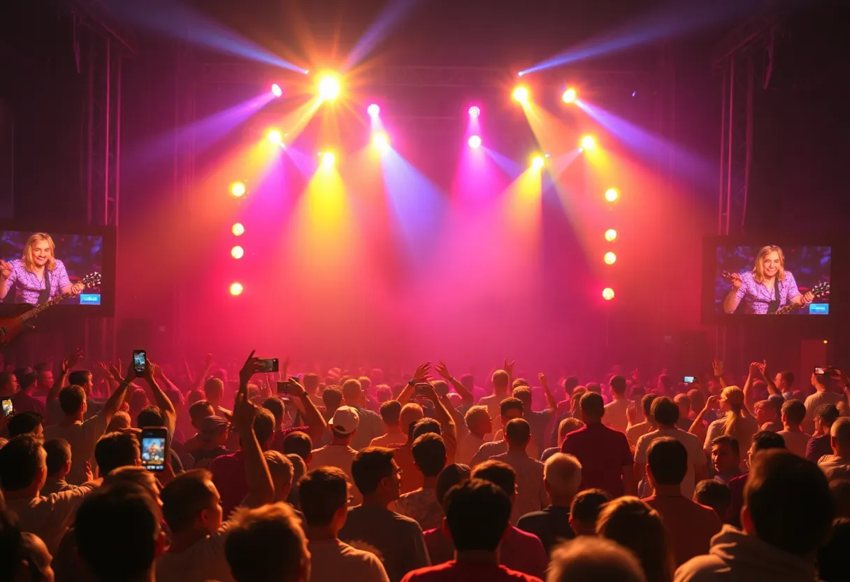 Crowd enjoying a Bruno Mars concert with colorful stage lights