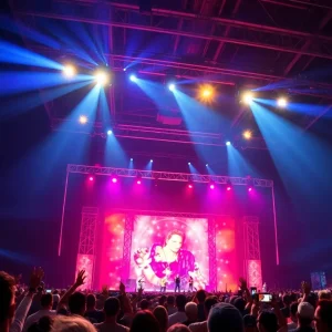 Fans enjoying a concert at a stadium with colorful lights