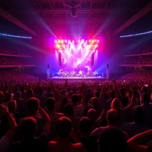 Concert scene with fans at Bruno Mars performance