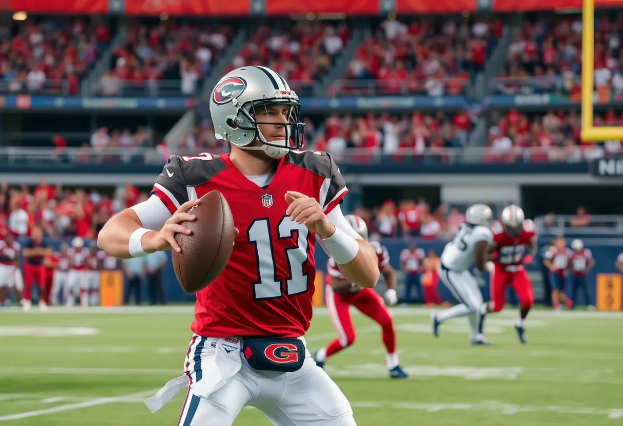 Quarterback Caleb Williams throwing a pass during a game.