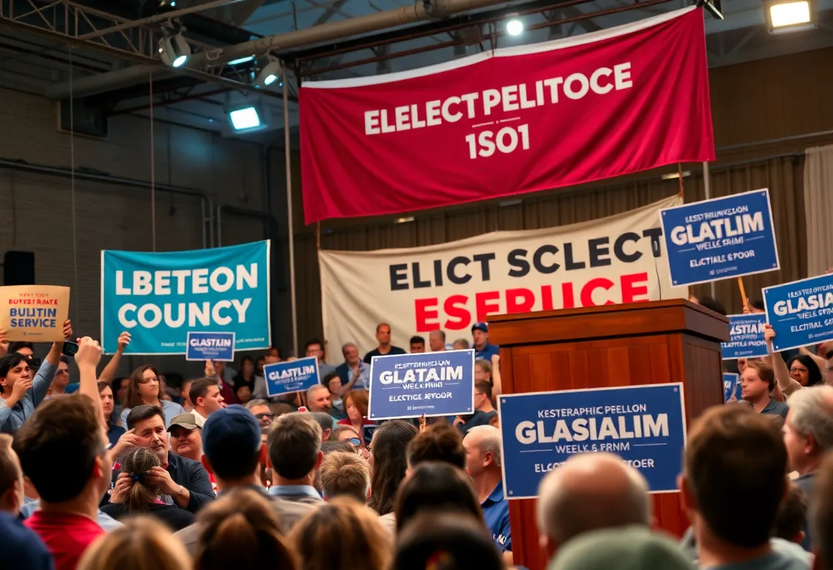 A crowd gathering at a political campaign event for Secretary of State election.