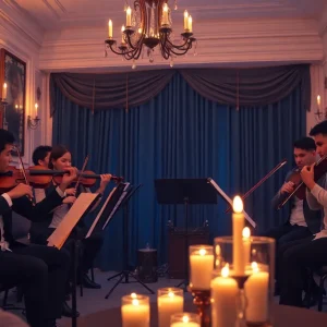 Orchid Quartet performing at the Candlelight concert with candles illuminating the stage.