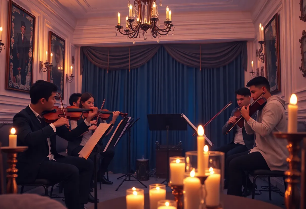 Orchid Quartet performing at the Candlelight concert with candles illuminating the stage.