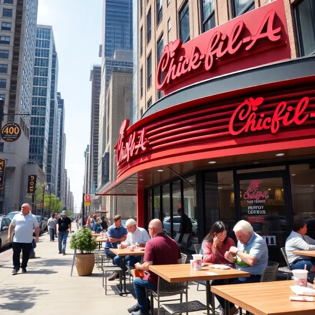 People dining outside the new Chick-fil-A in downtown Detroit.