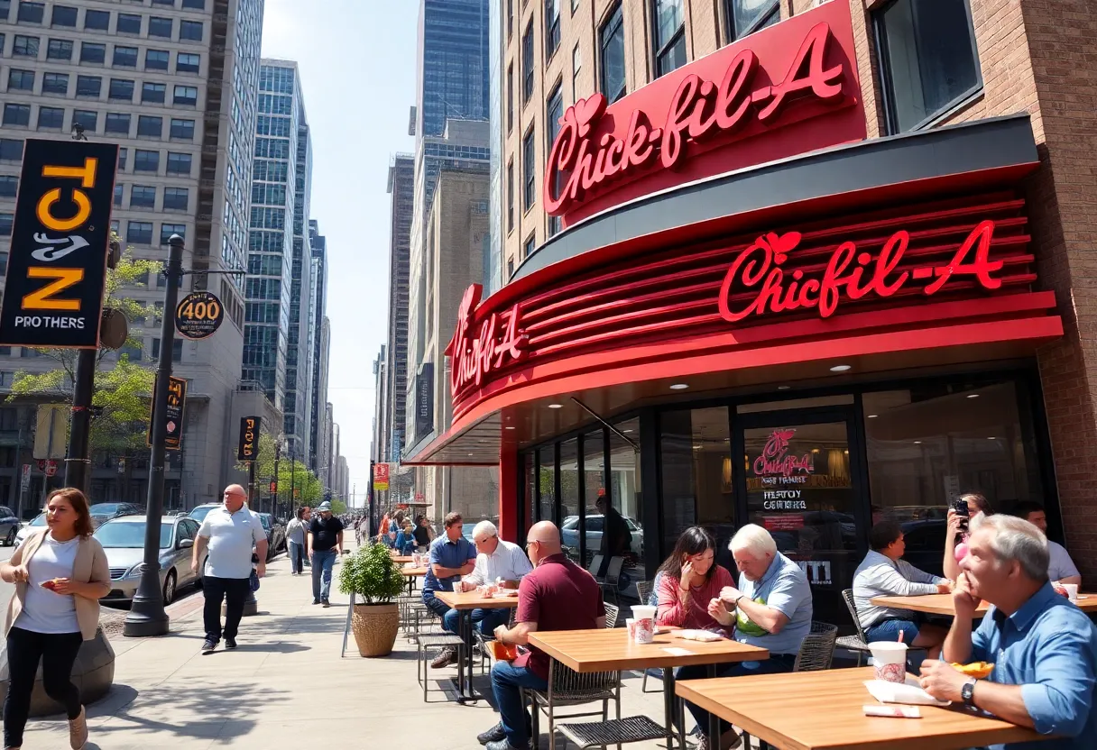 People dining outside the new Chick-fil-A in downtown Detroit.