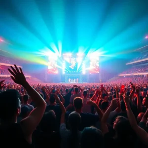 A crowd cheering at Chris Stapleton's concert in Detroit