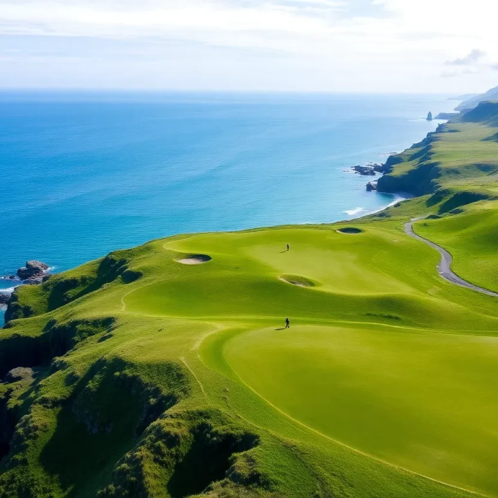 Lush green golf course overlooking the ocean in Ireland