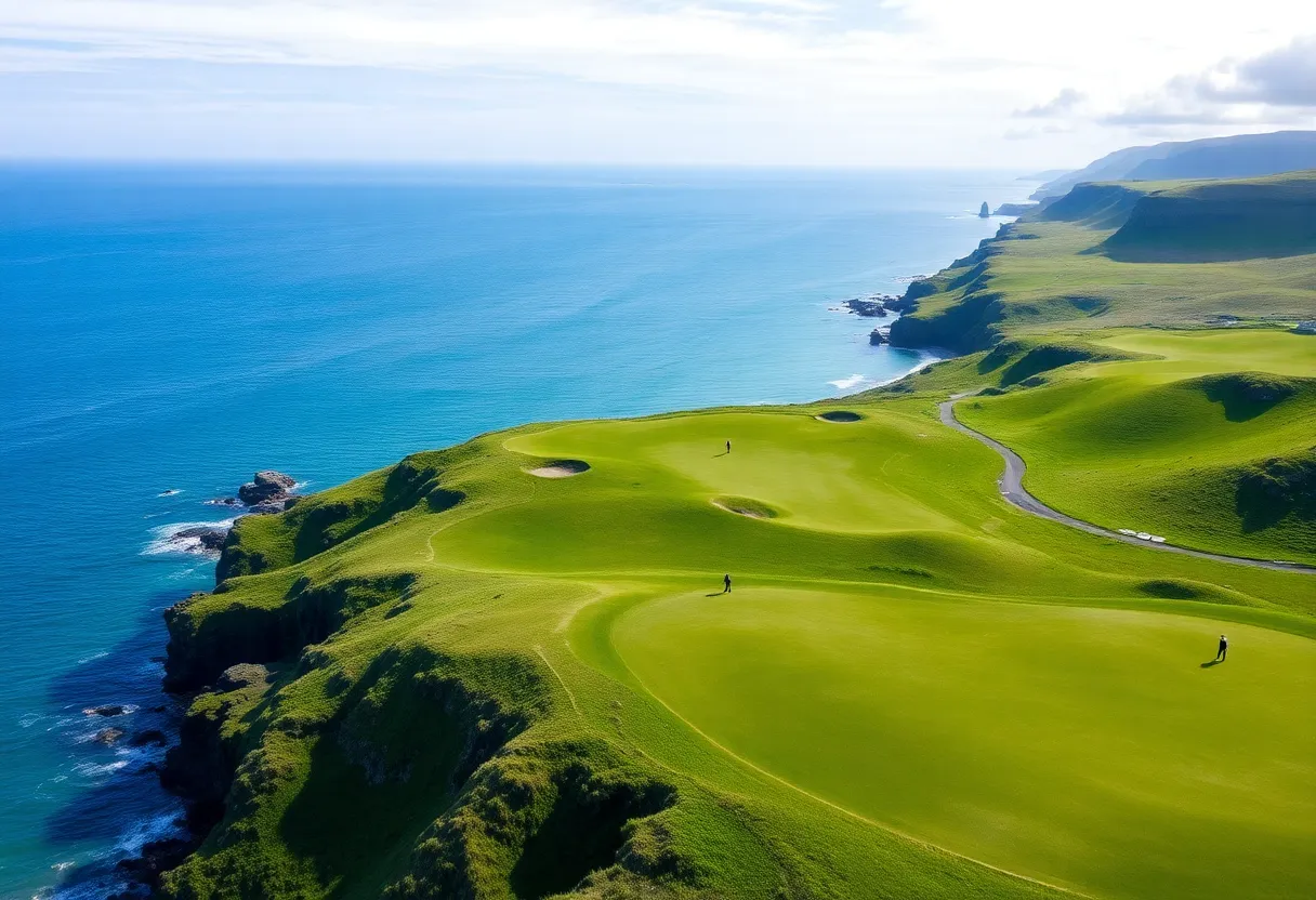 Lush green golf course overlooking the ocean in Ireland