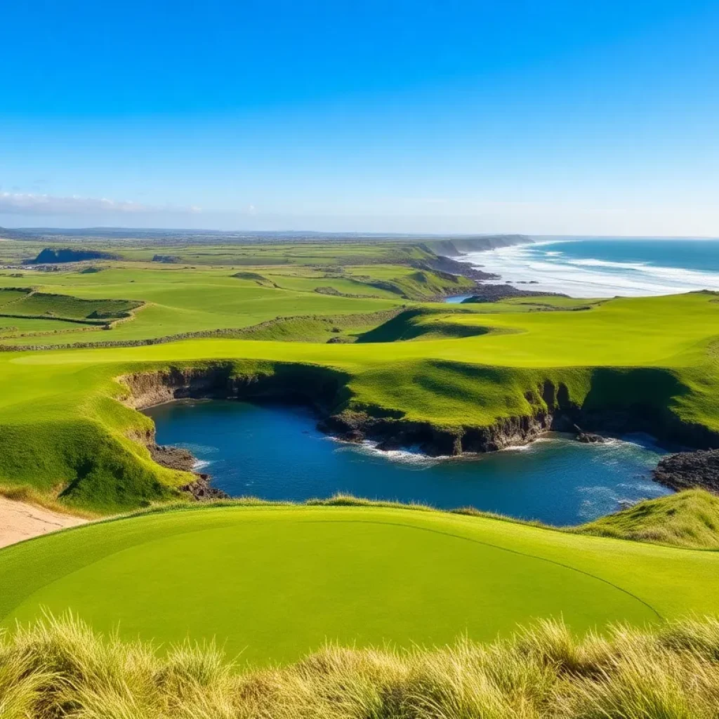 View of a coastal golf course in Ireland with lush green landscapes